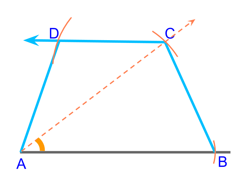 construction of trapezium with 2 bases, 1 diagonal, and an angle